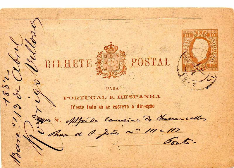 2103 f.jpg -     Lote:    2103 (frente)      Lotes pelo Correio              Descrição:         1880/81 &mdash; D. Luís I, fita direita. Impressão em relevo. OM7, 10 reis. Circulado de Barcelos (13.04.82) para o Porto. No verso carimbo dupla oval batido a preto "R. A. DE VALENÇA &mdash; PORTO".        IC       Valor Base:     &euro; 6,00     Valor Venda:     &euro;      